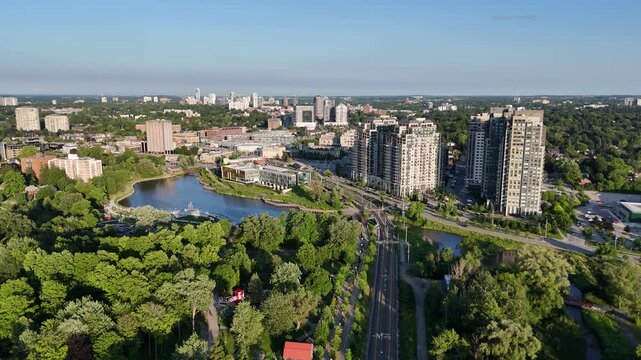 Aerial footage of Waterloo Park and the Barrel Yards apartment complex in Waterloo, Ontario, Canada