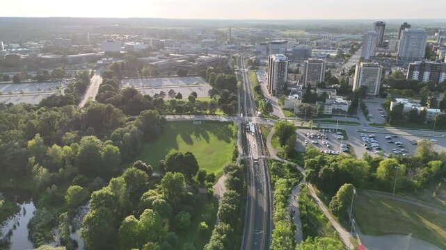 Aerial footage of the Waterloo urban cityscape on a sunny day in Ontario Province, Canada