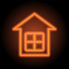 House simple icon. Flat design. Orange neon on black background