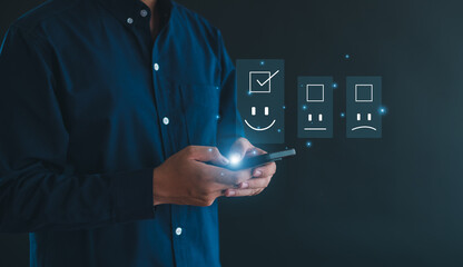 Customer Experience Concept, Best Excellent Services Rating for Satisfaction present by Hand of Client Showing excellent Review, feedback, good.