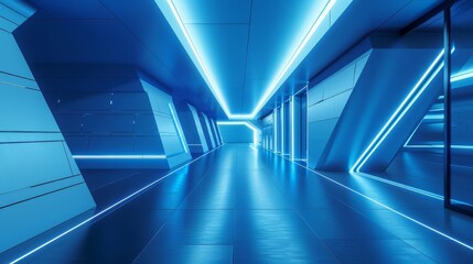 Obraz premium Futuristic hallway with blue neon lights. Modern and stylish interior design with geometric shapes.