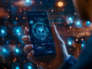 Futuristic Mobile Network Connectivity Illustration: Smartphone Displaying Wifi Signal Icon and Data