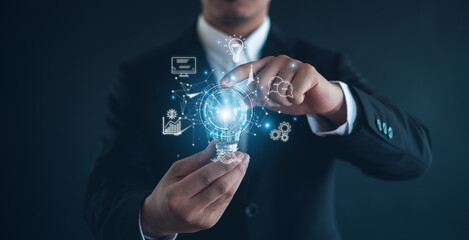 innovative technology in science and communication concept,Innovation, Hands holding light bulb for Concept new idea concept with innovation and inspiration.