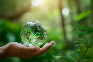 Hand holding a crystal glass sphere with green nature background