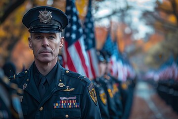 A solemn police officer stands at attention during a memorial event surrounded by flags on a crisp autumn day in a quiet neighborhood