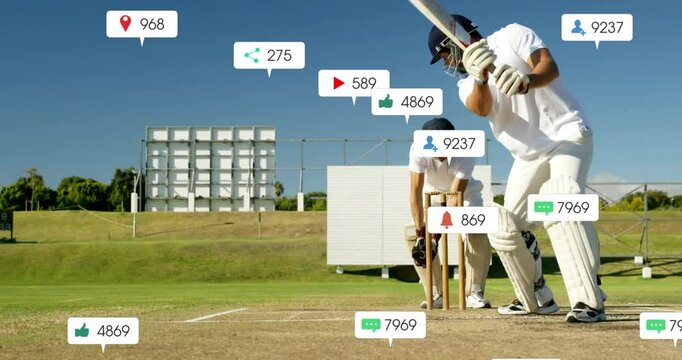 Animation of social media icons with growing numbers over caucasian male cricket players