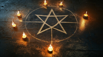 A lit candle is placed in the center of a star of David