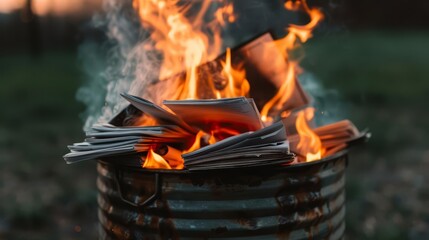 Close-up of a burning pile of books in a metal bucket.