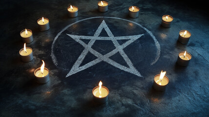 A lit candle is placed in the center of a star of David