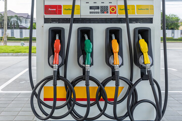 Fuel Pump, Gas Station, Gasoline.Colorful Petrol pump filling nozzles on white background , Gas...