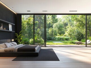 Fototapeta premium There are black steel structures, wooden floors and ceilings, decorated with white furniture, and surrounded by a large, green garden in a 3D render of a modern bedroom in a glass house.