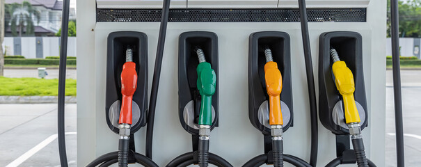 Fuel Pump, Gas Station, Gasoline.Colorful Petrol pump filling nozzles on white background , Gas...