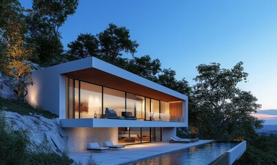 Fototapeta premium This is a 3D rendering of a cozy modern house on a hill with swimming pool for sale or rent. There is beautiful landscaping in the background. It is a clear summer night with many stars in the sky.