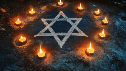 A lit candle is placed in the center of a star of David