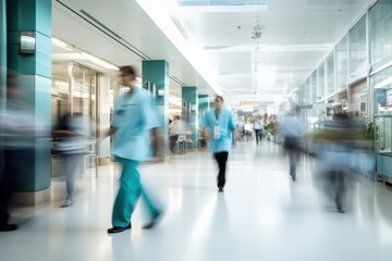 Fototapeta premium Medical officers walking in hospital hallway architecture building motion.