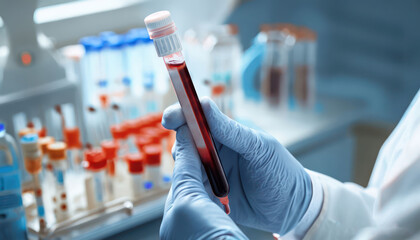 Technician holding blood tube test in the research laboratory / doctor hand taking a blood sample tube from a rack with machines of analysis in the lab background