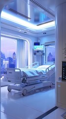 Obraz premium Hospital room of the future with smart beds and automated patient care systems