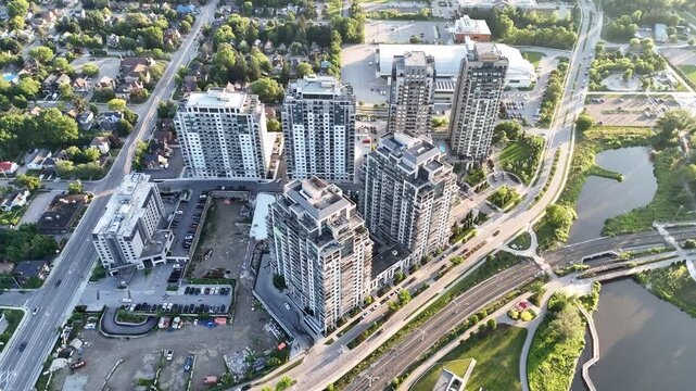 Ascending aerial footage of the Barrel Yards buildings in Waterloo Park in Waterloo, Ontario, Canada