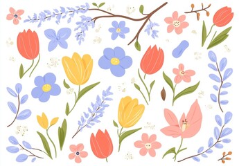 Isolated set of spring flowers on a white background. A set of nature flowers in spring and summer in a garden. 8 March. Modern illustration.