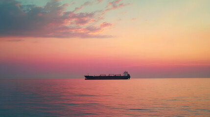 Obraz premium distant cargo ship against a wide expanse of ocean, the sunset’s subtle hues of pink and orange