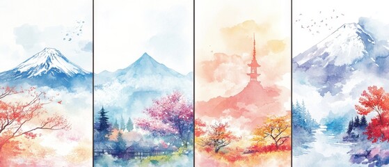Four-part watercolor illustration divided by three lines showing Mount Fuji in spring, summer, autumn, and winter with transparent, cute, and rich colors