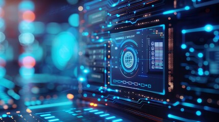 Fototapeta premium Closeup of a circuit board with a blue glowing chip, representing data security and protection.