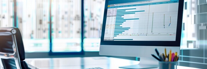 IT project management software showing project timelines, tasks, and milestones on a computer screen with copy space