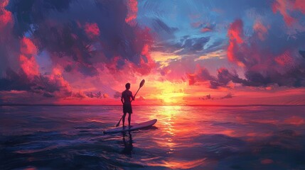 Fototapeta premium A man doing paddleboarding in water at sunset with colorful dusk sky