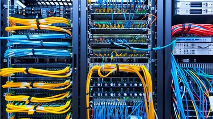 IT infrastructure setup with racks of servers, switches, and cabling in a data center with copy space