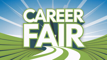 Agro business career fair poster with bold green and white typography, featuring stylized farm fields, a road leading into the horizon, and a bright blue sky, symbolizing growth and opportunities

