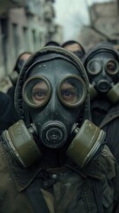 Journalists wearing gas masks report from a recently liberated town, exposing the horrors of chemical weapon use