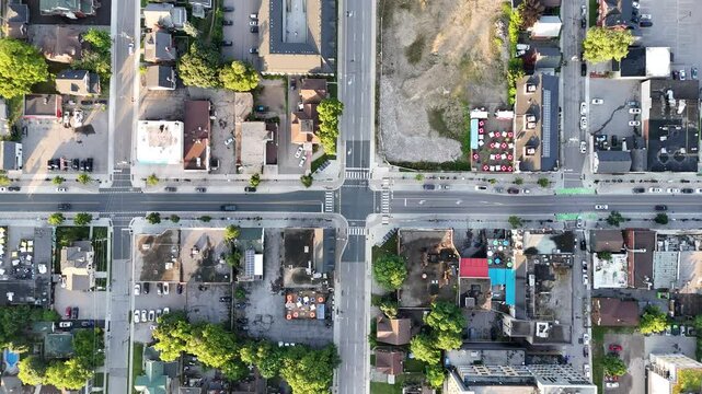 Top down aerial footage of intersection roads in a residential district in Waterloo, Ontario, Canada