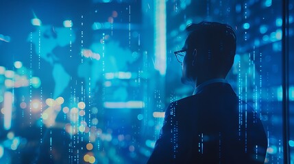 Businessman in a Blue Theme Office, Studying Financial Trends, Copy Space