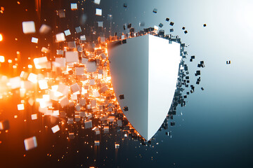 Abstract digital binary concept of half a shield dissolving into square fragments, transitioning from large to small