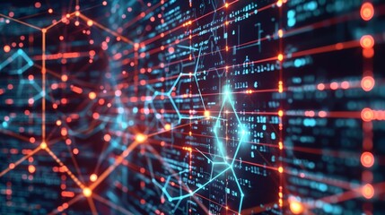 Obraz premium Machine learning algorithm visualized on a computer screen with complex data patterns with copy space