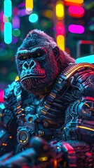 Fototapeta premium Mechanical gorillas with enhanced strength, maintaining peace in neon enlightened urban reserves