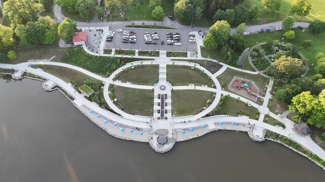 Aerial footage of the Young Street Parking Lot in Waterloo Park in Waterloo city, Ontario, Canada