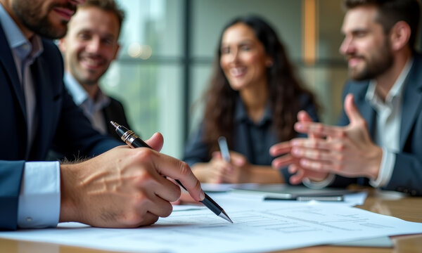 Une &eacute;quipe concentr&eacute;e autour d'une table en pleine r&eacute;union, discutant id&eacute;es et strat&eacute;gies pour un nouveau projet, dans un environnement professionnel moderne et lumineux.