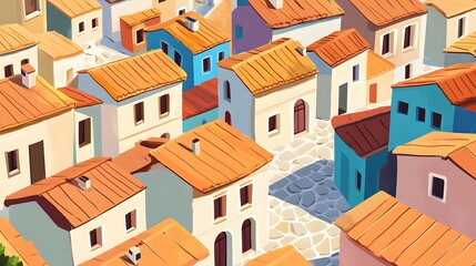 A colorful 2D flat abstract rendering of an ancient town, with terracotta roofs, stone streets, and simple geometric designs