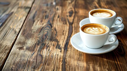 Obraz premium Two cups of latte art coffee on a wooden table.