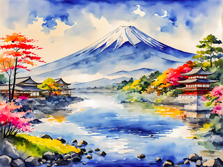 Watercolor picture of beautiful landscape view Mt.Fuji at Japan.
