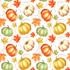 Pumpkins colorful and maple leaves. Seamless pattern for Autumn Harvest fest. Hand drawn watercolor illustration isolated. Thanksgiving vegetables. Backdrop for wallpaper, postcard, wrapping, textile.