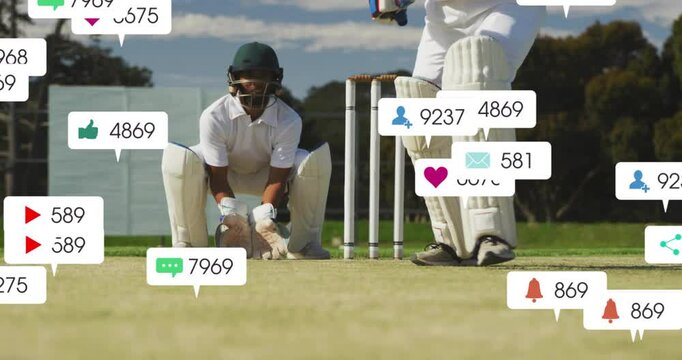 Animation of social media icons with growing numbers over diverse male cricket players