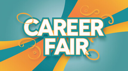 Bright and colorful career fair poster with bold white typography, featuring dynamic orange and teal abstract shapes and swirling accents, creating a lively and modern event promotion design

