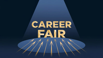 Sleek career fair poster with bold gold typography illuminated by a spotlight, featuring upward-pointing arrows on a dark blue background, symbolizing growth and professional advancement


