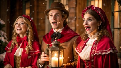 Fototapeta premium Carolers in traditional Victorian clothing, standing in front of a snow-covered house and singing, candlelit lanterns in hands, fresh snow on the ground, joyful expressions, snowy night