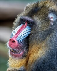 Close-up of a mandrill's face showing its colorful and detailed features.