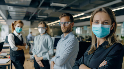 Obraz premium People with face masks in an office, highlights safety and teamwork, with copy space