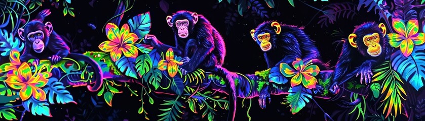 Playful monkeys with rainbow fur swinging on vines of luminous flowers in a neon jungle