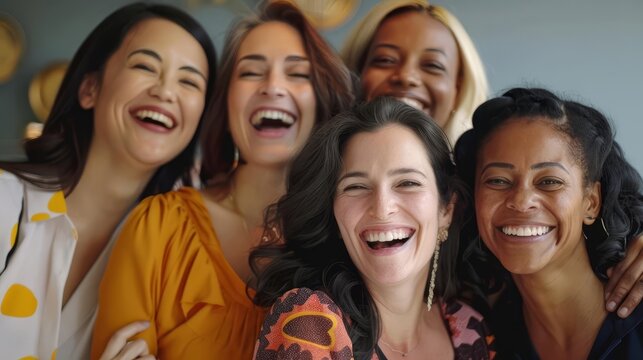 Photoshoot for Women Equality Day featuring diverse, multiracial female colleagues smiling and celebrating together with copy space - Powered by Adobe